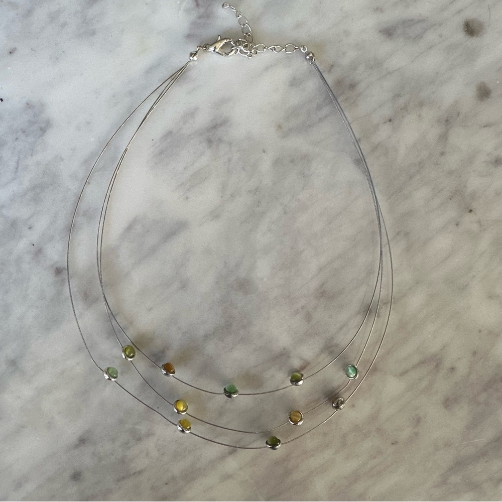 Multi-Strand Silver Wire Necklace with Green and Yellow Beads